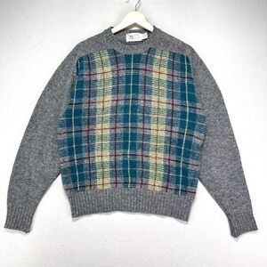 Vintage Alan Flusser‎ Sweater Mens L Gray Green Plaid 100% Wool Shetland England